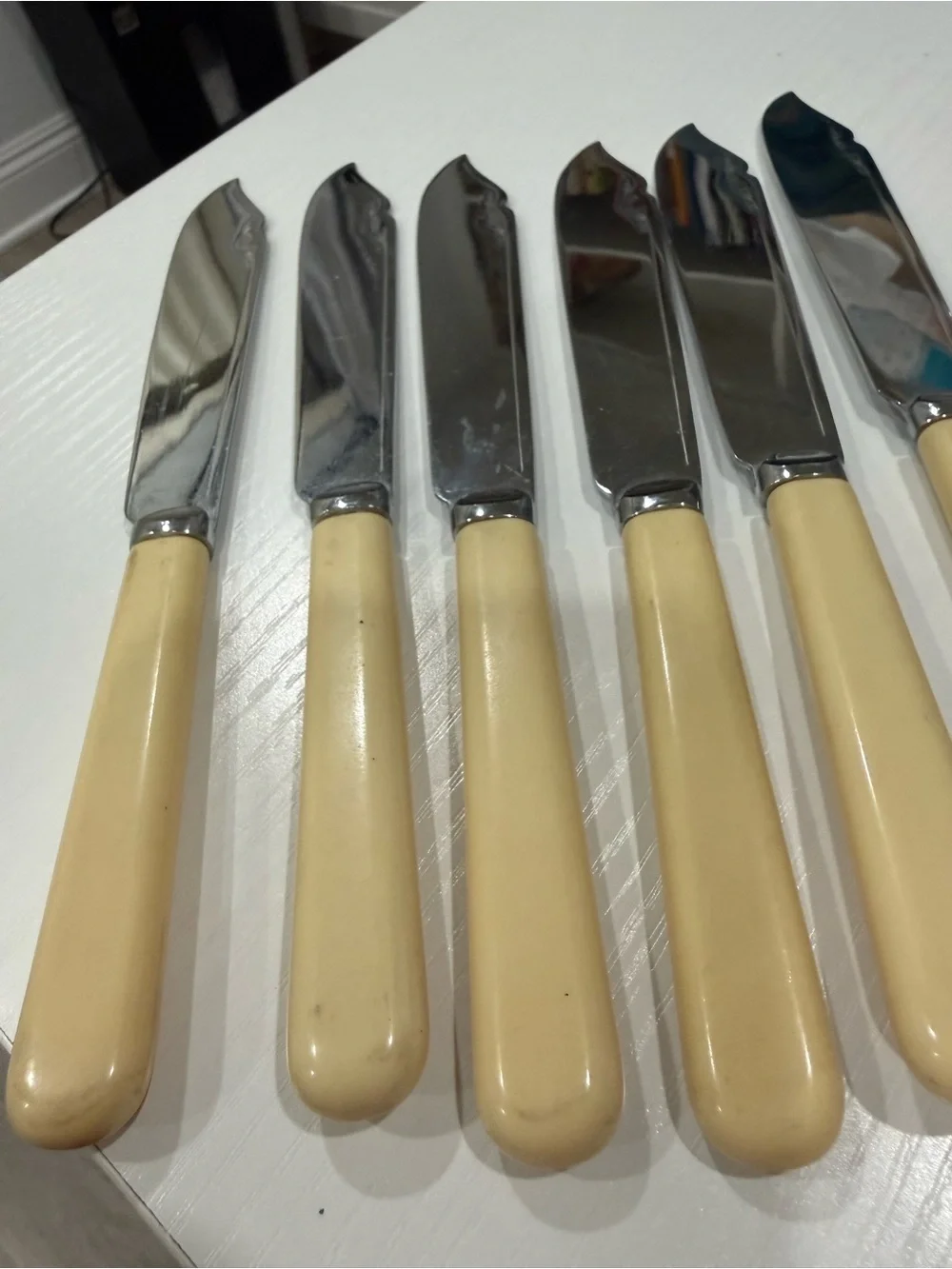 Fish knives Chrome Plated Ivorine Handles Lot of 6 knives 7 1/2 inches